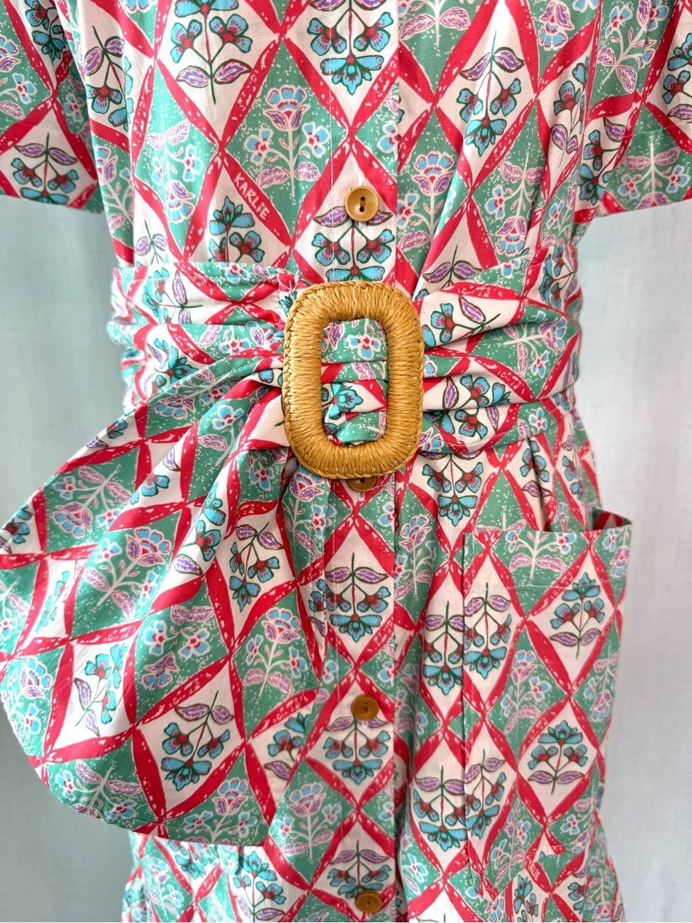 Karlie Naomi Paris Floral Shirt Dress w Belt Green Print Size Small NWT - Picture 9 of 15